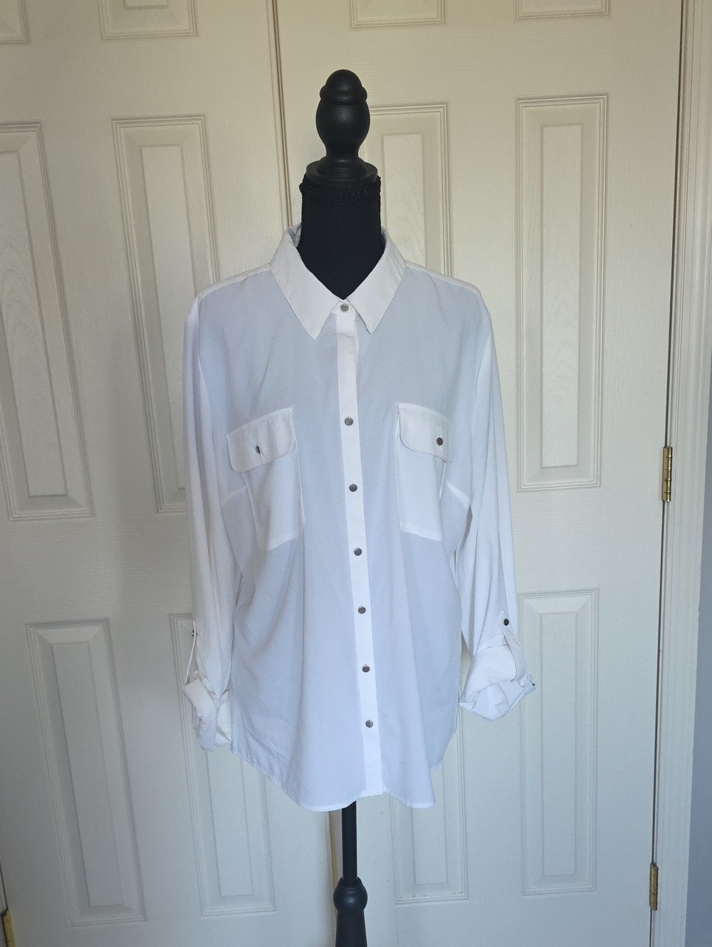 Women's White Casual Button-Down Shirt with Chest Pockets